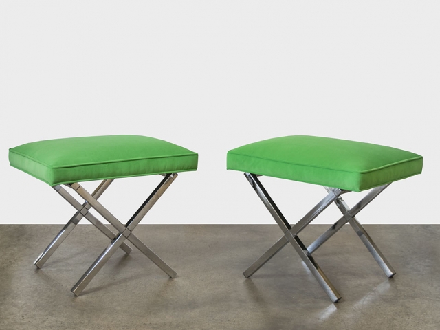 Mid Century X-Base Chrome Ottomans with Bright Green Velvet Seats