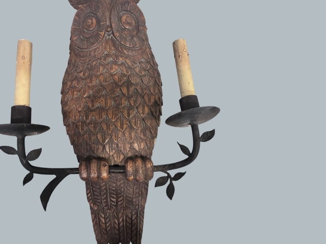 Antique Hand Carved Owl Wooden Wall Sconce 