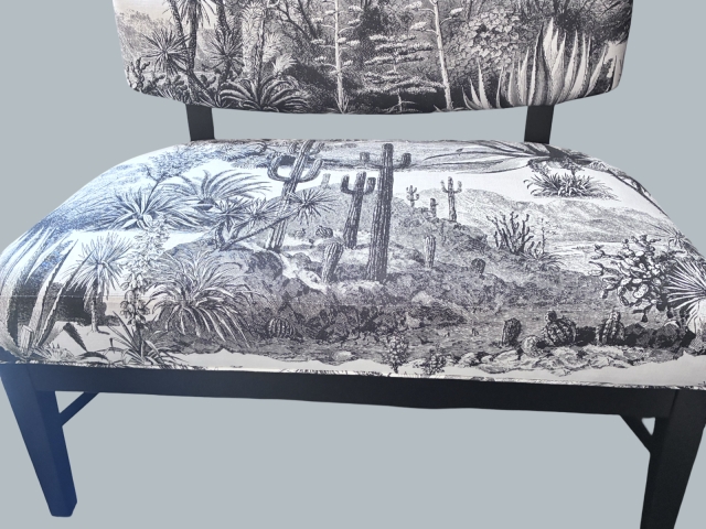 Mid Century Modern Black Lacquer Bench with Pierre Frey Pampas Noir Fabric 