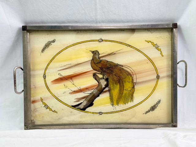 Art Deco Reverse Painted Glass Tray with Orange Background 