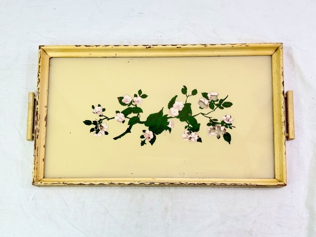 Art Deco Reverse Glass Painted Tray with Cherry Blossoms