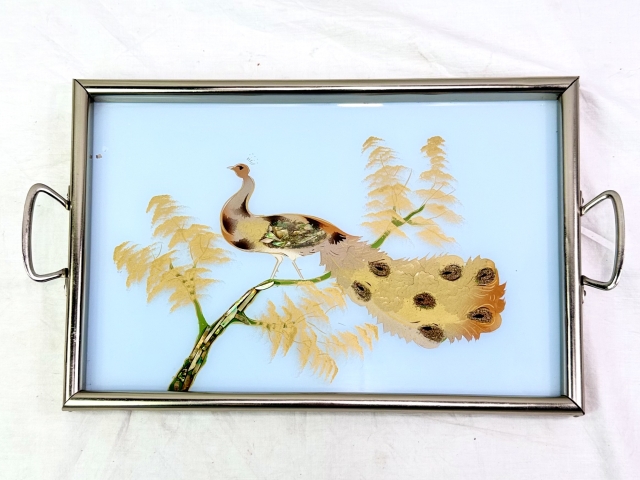 Art Deco Reverse Tray of a Peacock 