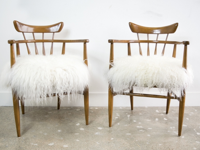 Edward Wormley for Drexel Brace Back Arm Chairs with Sheepskin Upholstery