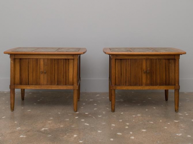 Walnut and Granite Side Tables with Tambour Doors