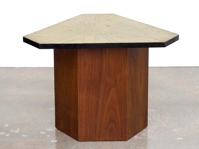 Italian Etched Brass and Walnut Triangular Side Table by G. Urs