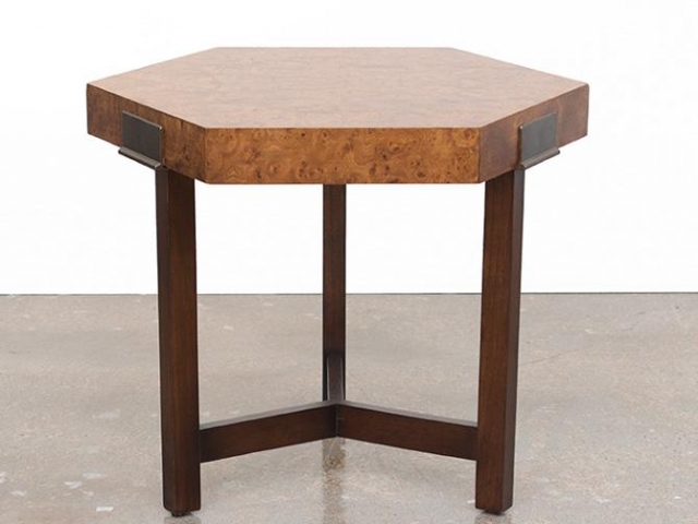 Milo Baughman Hexagonal Burl Wood and Brass Side Table