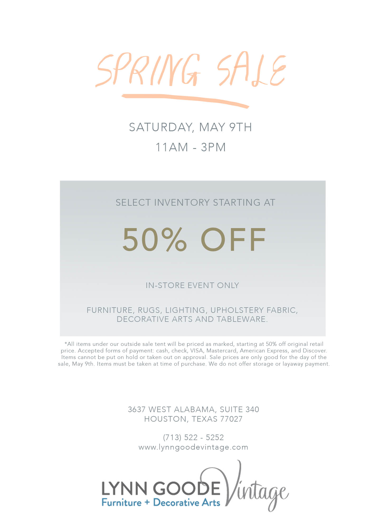 Spring Sale! Saturday, May 9th 